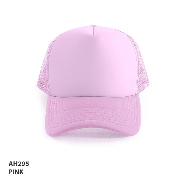 Polymesh Trucker Cap - A pink Polymesh Trucker Cap with a solid front and mesh sides, featuring a logo on the front.