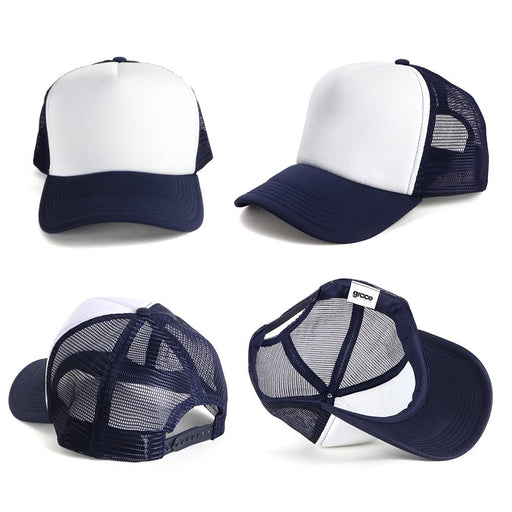 Polymesh Trucker Cap - A navy and white Polymesh Trucker Cap featuring mesh panels and a logo on the back.