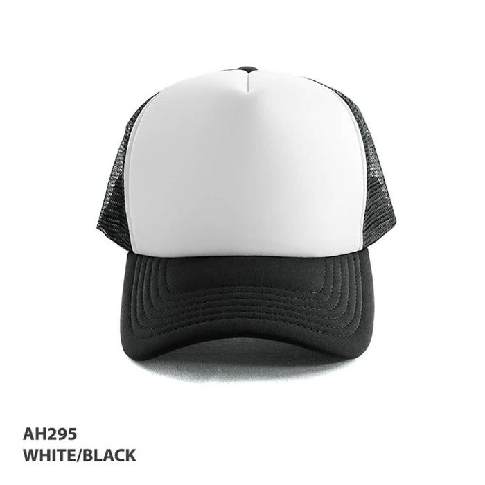 Polymesh Trucker Cap - A white and black Polymesh Trucker Cap featuring a curved brim and mesh back, with a logo on the front.