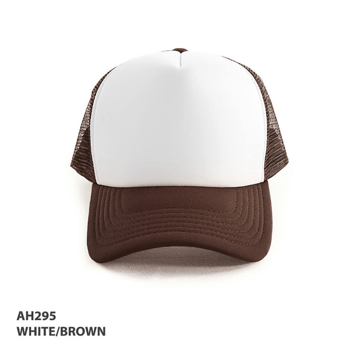 Polymesh Trucker Cap - A brown and white Polymesh Trucker Cap featuring a structured front and mesh sides, with a logo on the front.