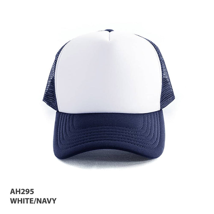 Polymesh Trucker Cap - A Polymesh Trucker Cap in white and navy, featuring a solid front panel and mesh sides. Includes a branding logo.