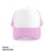 Polymesh Trucker Cap - A pink and white Polymesh Trucker Cap with a solid front panel and mesh sides, featuring a logo.