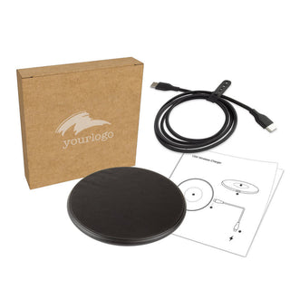Casper Pro 15 Watt Eco Wireless Charger - A black eco wireless charger with a USB cable, instruction manual, and a branded box.