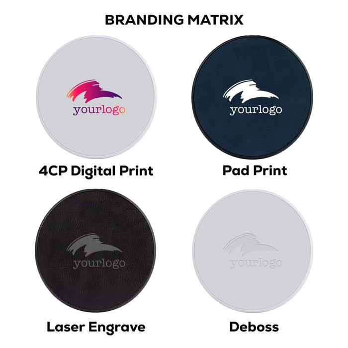 Casper Pro 15 Watt Eco Wireless Charger - A circular product showcasing different branding options, featuring a mix of grey and black designs with a logo.