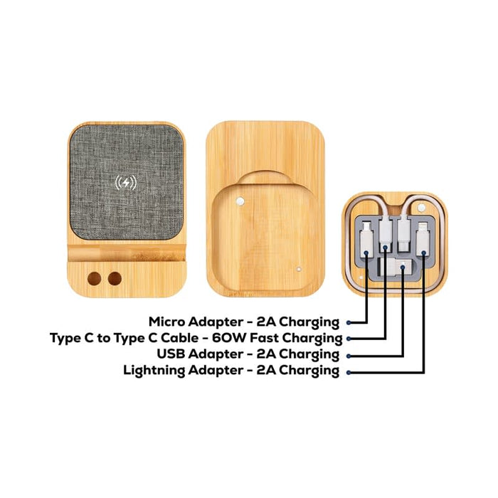 Apollo Eco 15W Wireless Charger Cable Kit - A bamboo wireless charger kit with micro, USB, Type C, and Lightning adapters, featuring a fabric texture on top.