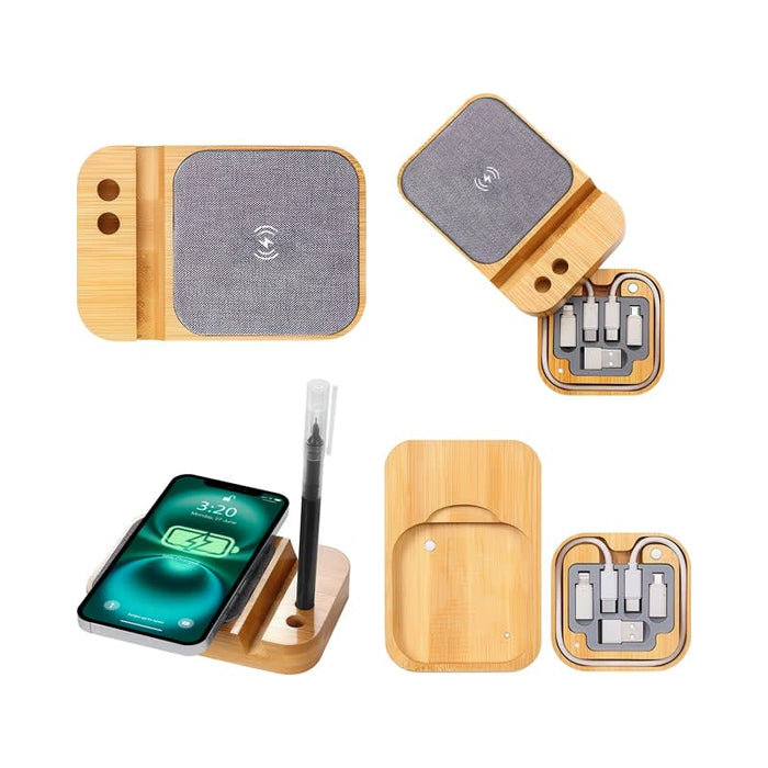 Apollo Eco 15W Wireless Charger Cable Kit - A bamboo wireless charger with a grey fabric surface, featuring a holder for a pen and compartments for cables.