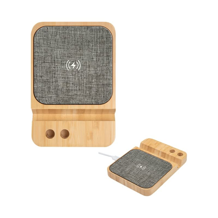 Apollo Eco 15W Wireless Charger Cable Kit - A bamboo wireless charger with a grey fabric surface, featuring a logo and slots for charging cable storage.