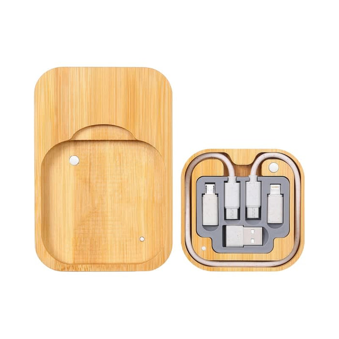 Apollo Eco 15W Wireless Charger Cable Kit - A bamboo wireless charger cable kit featuring four connectors in grey tray, compact and eco-friendly design.