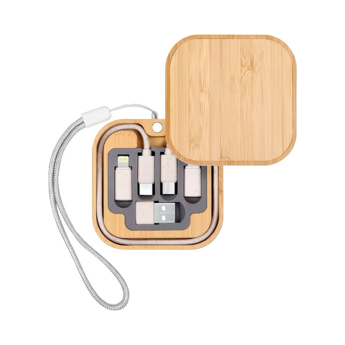 Coburg Pro Eco Cable Kit with 15W Wireless Charger - A bamboo case containing various charging cables and a wireless charger, with a silver strap.