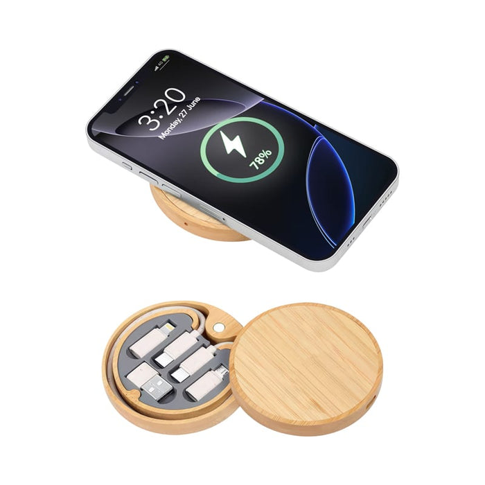 Coburg Pro Eco Cable Kit with 15W Wireless Charger - A wireless charger in a bamboo finish, with a compact cable kit neatly stored underneath.