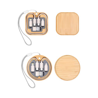 Coburg Pro Eco Cable Kit with 15W Wireless Charger - A wooden cable kit with multiple connectors and a 15W wireless charger, featuring a clean, eco-friendly design.