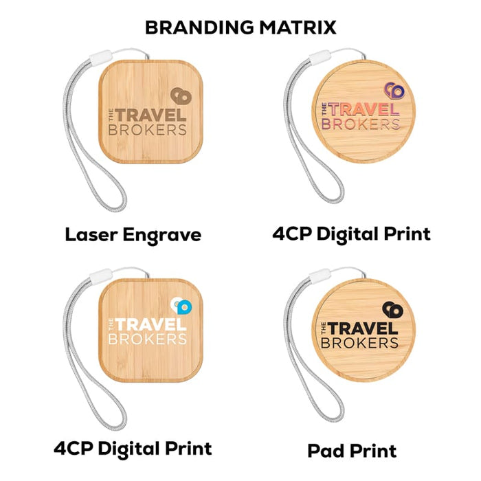 Coburg Pro Eco Cable Kit with 15W Wireless Charger - A promotional eco-friendly wireless charger with a wooden finish and various branding options displayed on it.