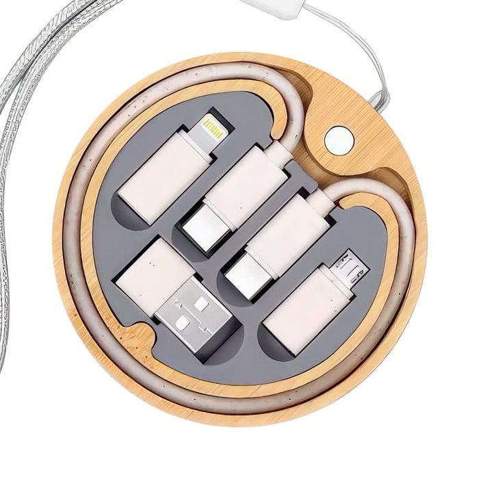 Coburg Pro Eco Cable Kit with 15W Wireless Charger - A round bamboo kit featuring multiple charging cables in grey, including USB and Lightning connectors, with a logo.