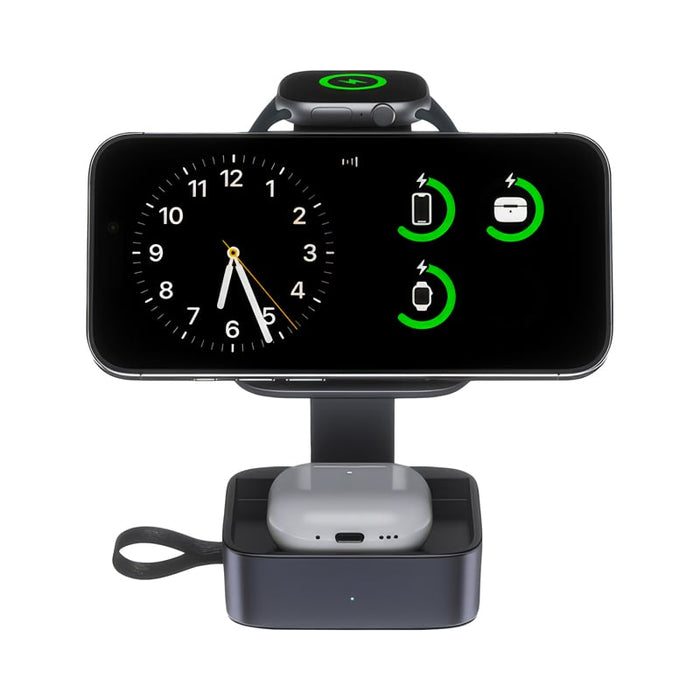 Everest 3-in-1 15W Magnetic Wireless Charging Station - A black 3-in-1 wireless charging station with a phone, smartwatch, and earbuds, featuring a digital clock display.