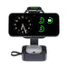 Everest 3-in-1 15W Magnetic Wireless Charging Station - A black 3-in-1 wireless charging station with a phone, smartwatch, and earbuds, featuring a digital clock display.