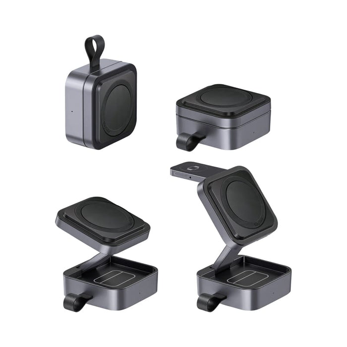 Everest 3-in-1 15W Magnetic Wireless Charging Station - A grey 3-in-1 magnetic wireless charging station with a foldable design and a small handle. It has a logo on the surface.
