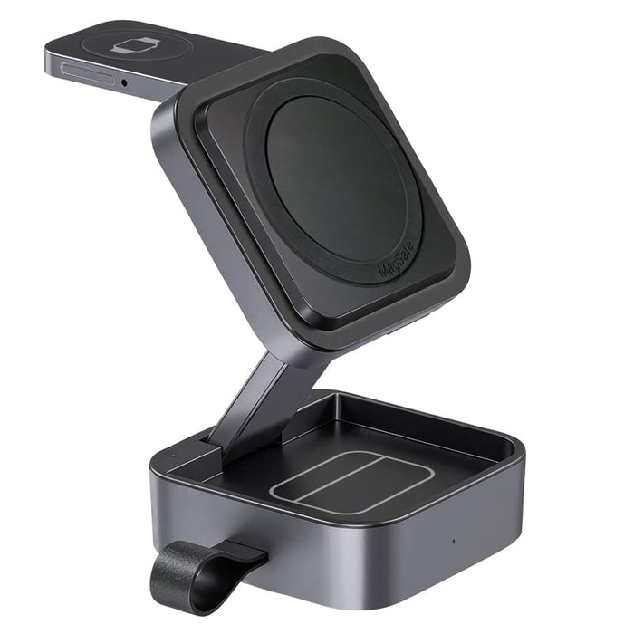 Everest 3-in-1 15W Magnetic Wireless Charging Station - A black 3-in-1 wireless charging station with a magnetic design for devices, featuring a sleek and modern appearance.