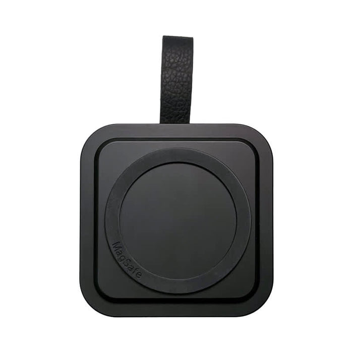 Everest 3-in-1 15W Magnetic Wireless Charging Station - A black wireless charging station with a rounded centre, featuring a leather strap for easy handling.
