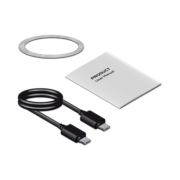 Apex Semi-Solid-State 22.5W MagSafe Wireless Power Bank - 5000 mAh (Stock) - A power bank with a metallic ring, a user manual, and a black USB-C charging cable.