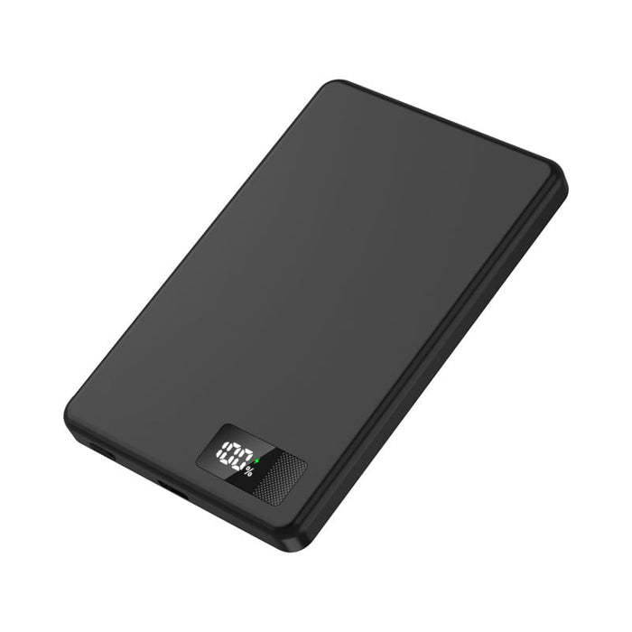 Bryan Ultra Thin 15W MagSafe Power Bank - 5000 mAh (Stock) - A black power bank with a slim design, featuring a digital display for charge level and a logo.