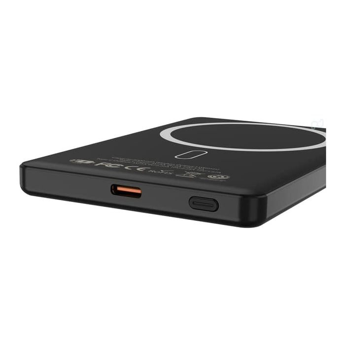 Bryan Ultra Thin 15W MagSafe Power Bank - 5000 mAh (Stock) - A black power bank with a sleek design, featuring a charging pad and USB-C port. It has a logo on the surface.