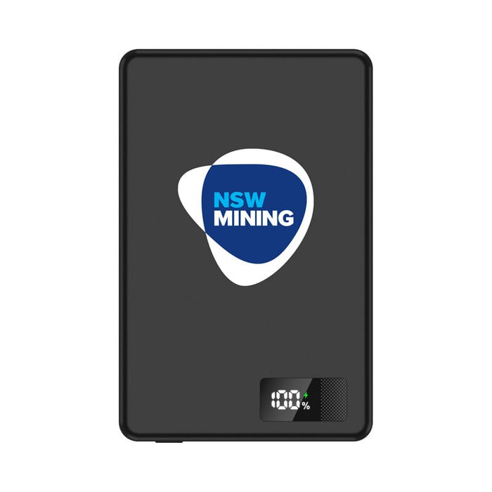Bryan Ultra Thin 15W MagSafe Power Bank - 5000 mAh (Stock) - A black power bank with a logo and a digital display indicating battery percentage.