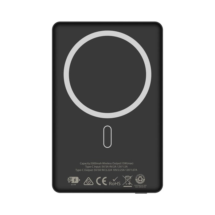 Bryan Ultra Thin 15W MagSafe Power Bank - 5000 mAh (Stock) - A black MagSafe power bank with a capacity of 5000 mAh, featuring a circular charging area and a branding logo.
