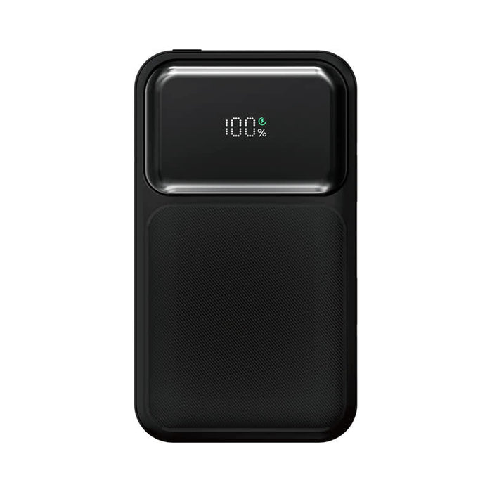 Brunswick PD 22.5W Retractable Cable Power Bank - 10000 mAh (Stock) - A black power bank with a textured surface and digital display showing battery percentage. It features a branding logo.