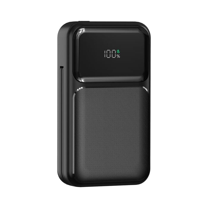 Brunswick PD 22.5W Retractable Cable Power Bank - 10000 mAh (Stock) - A black retractable cable power bank with a textured design and a digital battery percentage display.