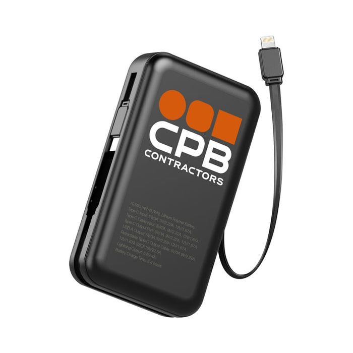Brunswick PD 22.5W Retractable Cable Power Bank - 10000 mAh (Stock) - A black retractable cable power bank with a capacity of 10000 mAh and a logo on the surface.