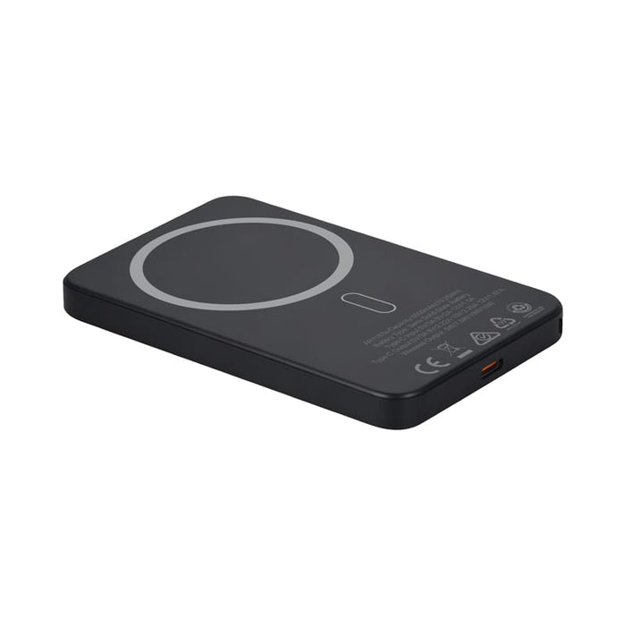 Apex Semi-Solid-State 22.5W MagSafe Wireless Power Bank - 5000 mAh (Stock) - A black MagSafe wireless power bank with a semi-solid state design and a circular charging area on top.