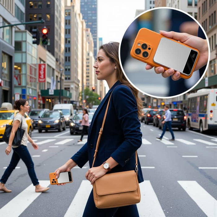 Apex Semi-Solid-State 22.5W MagSafe Wireless Power Bank - 5000 mAh (Stock) - A woman in a navy suit walks across a city street, holding an orange MagSafe power bank and smartphone.