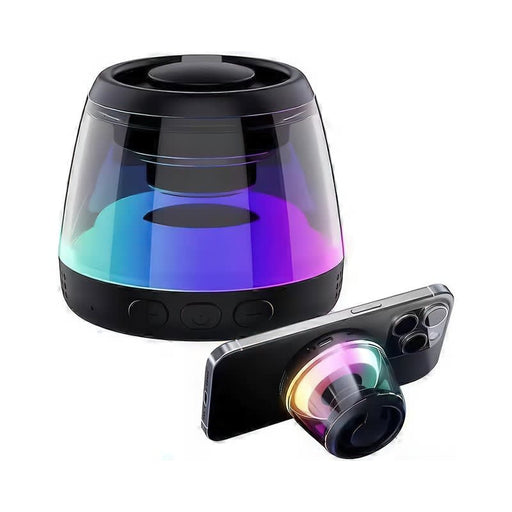Pacific Magnetic Bluetooth Speaker Stand with RGB LED Light (Stock) - A Bluetooth speaker stand in black with a clear body displaying RGB LED lights and a smartphone placed next to it.