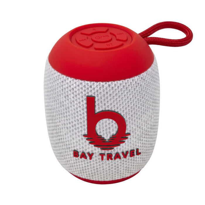 Morgan Bluetooth Speaker - A red and silver Bluetooth speaker with a textured surface and a strap, featuring a logo on the front.
