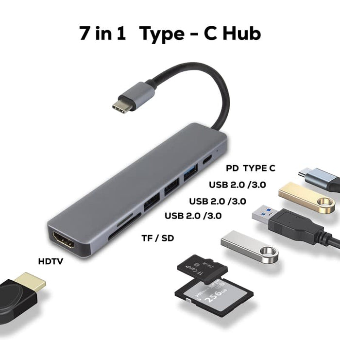 Hayden Type-C Hub (Type-C, Type-A, HDMI, PD100W) - A grey 7-in-1 Type-C hub featuring various ports including HDMI, USB Type-C, USB 2.0/3.0, and a card reader.