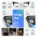 MiTag Duo Global Tracking Tag with PU Case (stock) - A blue tracking tag with a sleek design and a logo, surrounded by icons indicating features and uses for various items.