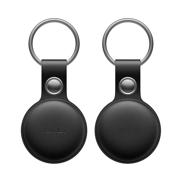 MiTag Duo Global Tracking Tag with PU Case (stock) - A black tracking tag with a keyring attachment, featuring a smooth circular design and a branding logo.