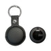 MiTag Duo Global Tracking Tag with PU Case (stock) - A black tracking tag with a PU case and a metal keyring attached, featuring a logo.