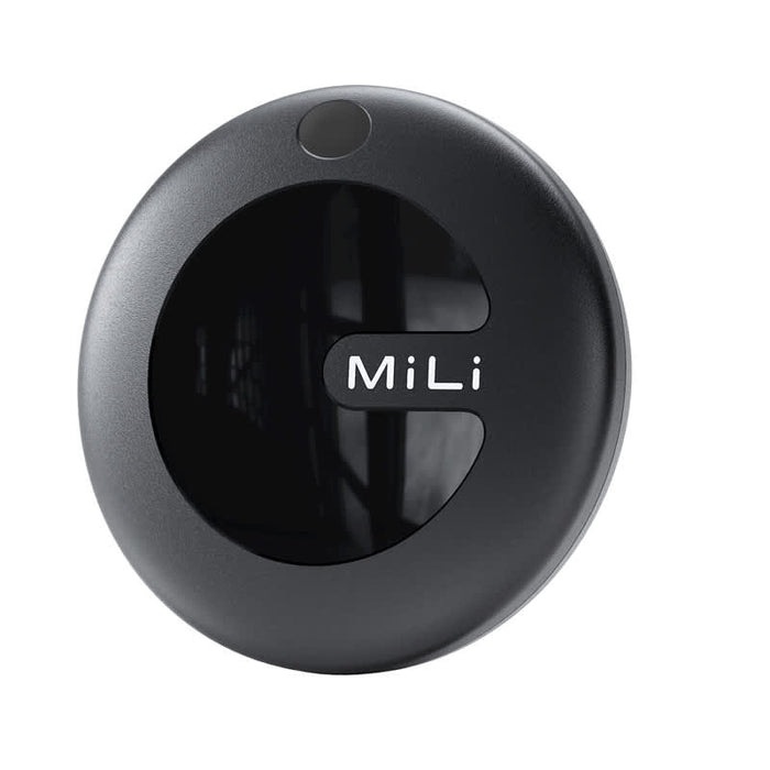 MiTag Duo Global Tracking Tag with PU Case (stock) - A round black tracking tag with a glossy finish and a logo, featuring a smooth surface.