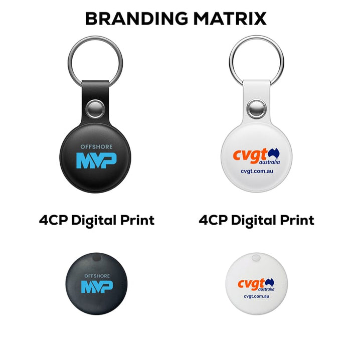 MiTag Duo Global Tracking Tag with PU Case (stock) - A black and a white tracking tag with keyring attachments, featuring digital prints and logo branding.
