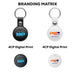 MiTag Duo Global Tracking Tag with PU Case (stock) - A black and a white tracking tag with keyring attachments, featuring digital prints and logo branding.