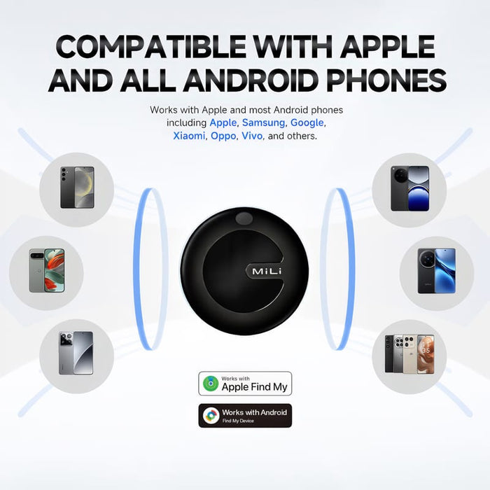 MiTag Duo Global Tracking Tag with PU Case (stock) - A black MiTag Duo Global Tracking Tag with a PU case, featuring a logo, surrounded by various phone icons.