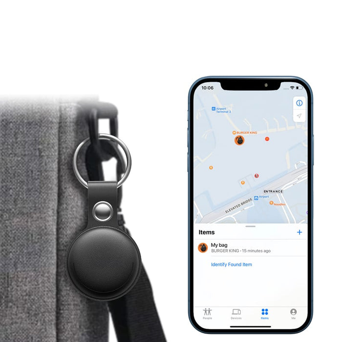 MiTag Duo Global Tracking Tag with PU Case (stock) - A black tracking tag attached to a bag, with a smartphone displaying a map and item location.