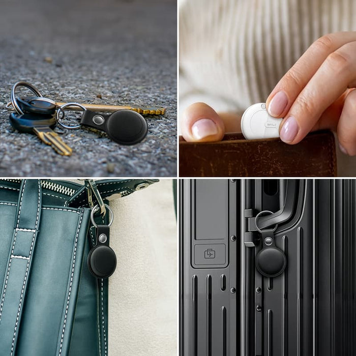MiTag Duo Global Tracking Tag with PU Case (stock) - A black tracking tag with a PU case attached to keys, a bag, and luggage, featuring a logo.