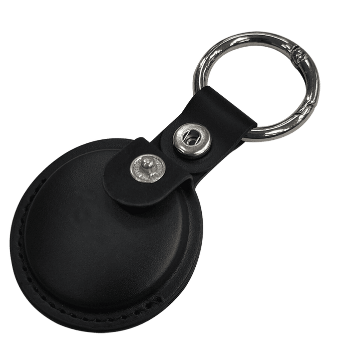 MiTag Duo Global Tracking Tag with PU Case (stock) - A black tracking tag with a keyring attached, featuring a leather case and metal snap.