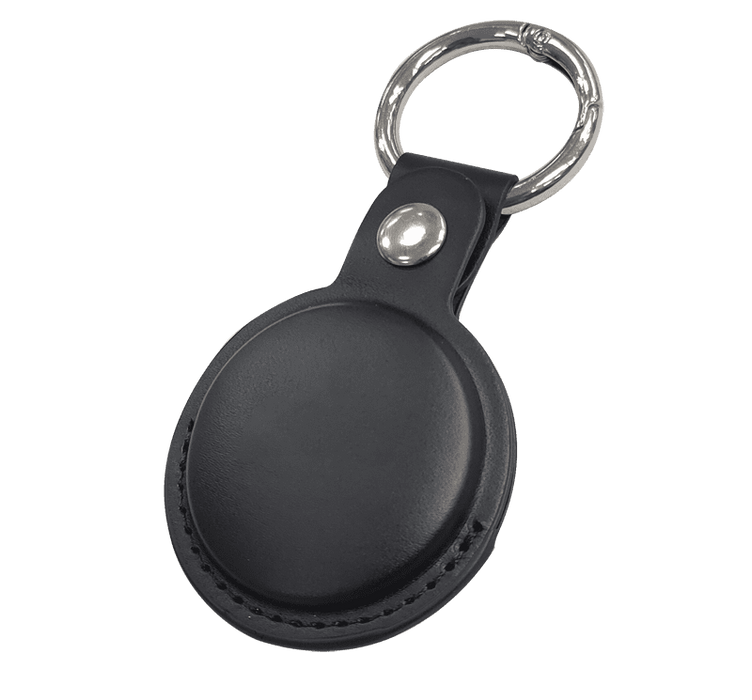 MiTag Duo Global Tracking Tag with PU Case (stock) - A black tracking tag with a leather-like case and metal keyring attachment.