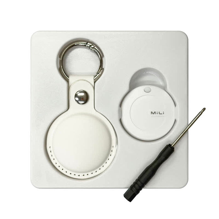 MiTag Duo Global Tracking Tag with PU Case (stock) - A white tracking tag and keyring, accompanied by a small screwdriver, displayed on a white background.