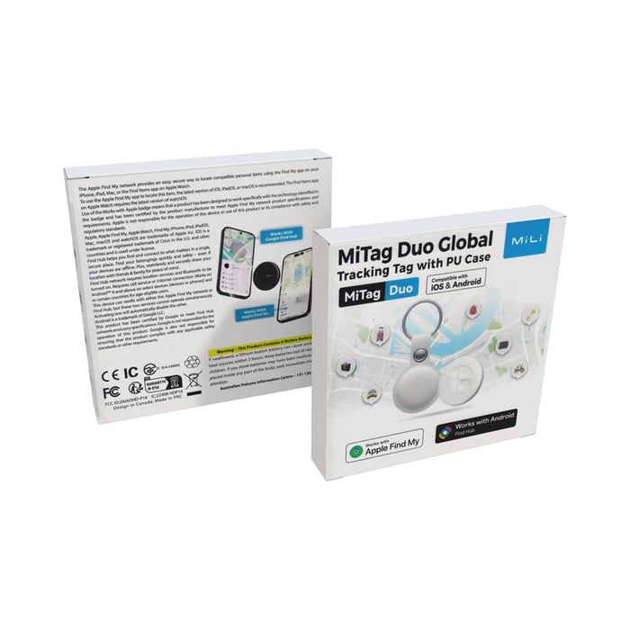 MiTag Duo Global Tracking Tag with PU Case (stock) - A product box of the MiTag Duo Global Tracking Tag, featuring a white and grey design with a logo.