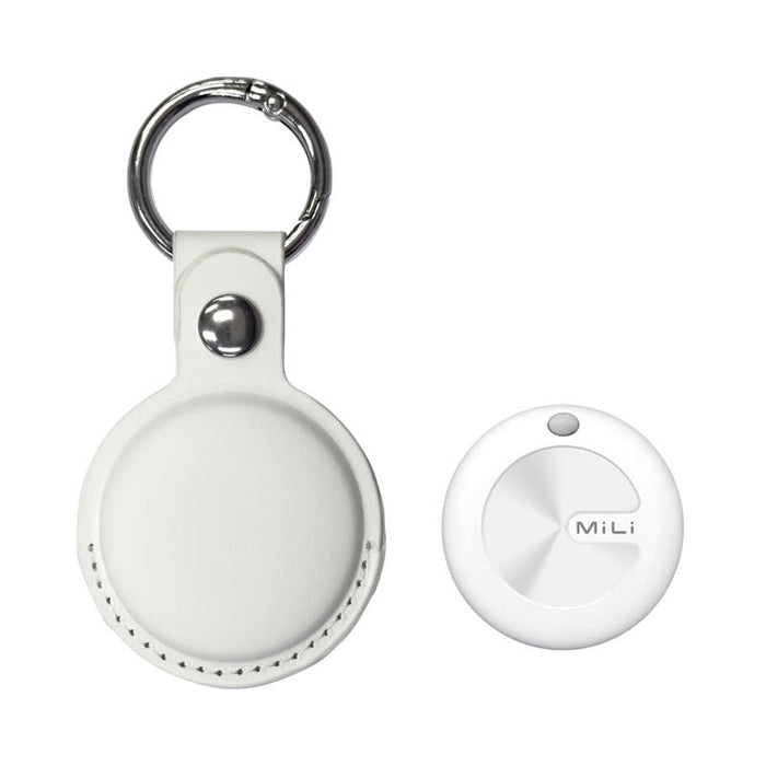MiTag Duo Global Tracking Tag with PU Case (stock) - A white MiTag Duo global tracking tag with a PU case, featuring a keyring attachment.