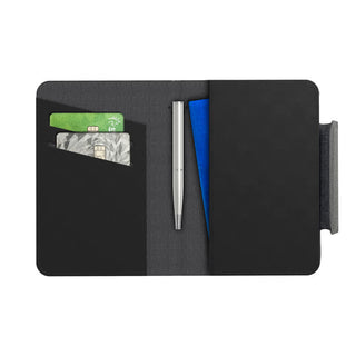 MiTag Duo Passport Holder with Global Tracking Tag - A black passport holder containing credit cards, a silver pen, and a blue document. It features a logo on the exterior.